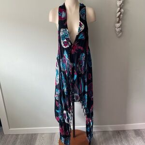 Boho Sugar Skull Mexican Kimono Fringe Open Scarf Vest High Low Longline
